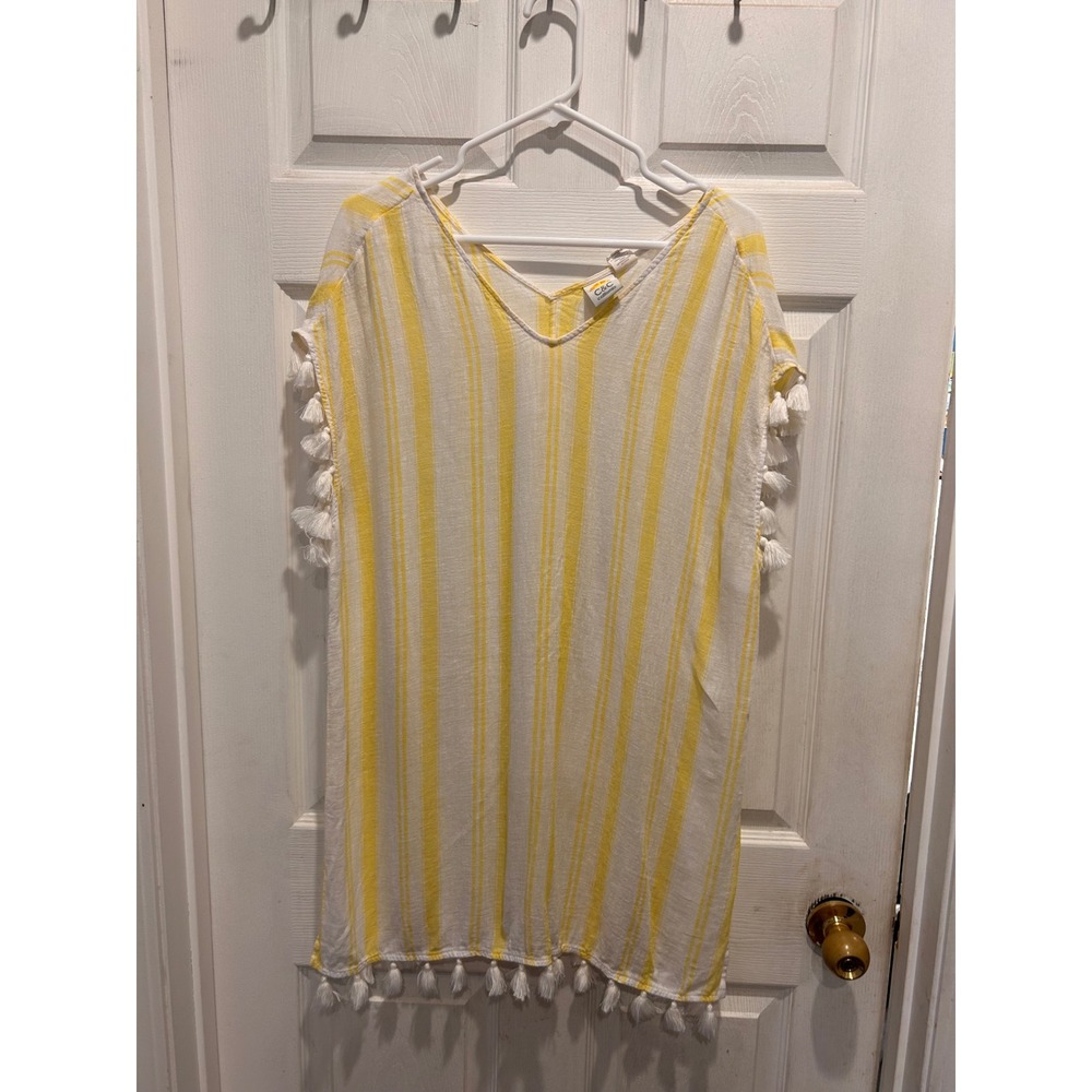 C&C California Women Yellow White Striped Tassel Trim Swim Cover Up Tunic Large